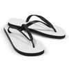 A pair of black and white flip flops, featuring a thong design and a simple, minimalist style.