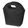 A black cooler bag with dual handles and a zipper, featuring a front pocket and a simple design.