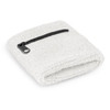 A white wrist sweat band with a small zippered pocket, featuring a textured fabric design.