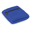 A blue wrist sweat band with a small zip pocket. The band features a textured fabric and a zipper.