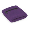 A purple wrist sweat band featuring a zip pocket, made of textured fabric with a zip closure.