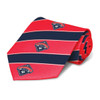A rolled tie featuring alternating red and navy stripes with a logo. The tie is designed with a sporty theme.