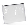 A large clear cosmetic bag with a black zipper, featuring a simple, modern design and a logo.