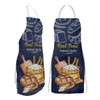 A full colour bib apron in navy featuring bread, croissants, and baking tools, with a logo on the front.