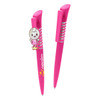 A pink plastic pen featuring a character charm and a logo, designed for promotional use.