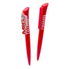 A red plastic pen with a sleek design, featuring a prominent clip and a contoured grip.