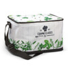 A large, full-colour cooler bag featuring a white background with green foliage design and a logo. It has a shoulder strap.