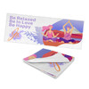 A yoga towel featuring vibrant illustrations of people meditating, with a purple and white design. It has a logo.