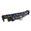 A dog collar featuring a colourful design with various paw prints, adjustable strap, and a clip buckle.