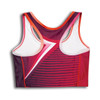 A vibrant women's athletics crop top featuring a mix of purple, pink, and white colours with a logo.