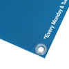 A blue Core Flute sign featuring eyelets for hanging. It includes a logo and promotional text on the right.