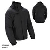 A black rain jacket featuring a hood, zippered pockets, and a logo on the side.