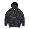A camouflage-patterned hooded jumper in dark grey and black, featuring a hood and a front kangaroo pocket.
