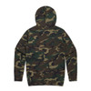 A hoodie in camouflage pattern featuring shades of green and brown, with a hood and long sleeves.