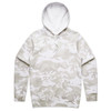 A white and grey camo hoodie featuring a front pocket and a drawstring hood, with a logo on it.