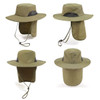 An olive green outdoor hat featuring a wide brim and a neck flap, designed for sun protection. Includes a logo.