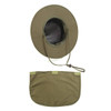 An olive green outdoor hat with a wide brim and a detachable neck flap. It features an internal mesh lining and has a logo.