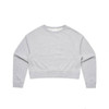A grey cropped sweater with long sleeves, featuring a simple design and a logo on the label.