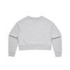 A grey cropped jumper with long sleeves and a ribbed hem, featuring a logo on the back.