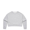A grey cropped sweater with long sleeves and a round neckline, featuring a subtle branding logo.