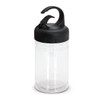 A drink bottle with a clear body and a black, ergonomic cap featuring a carabiner-style hook.