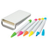 A highlighter set featuring five vibrant highlighters in green, pink, orange, yellow, and blue, stored in a white case with a logo.