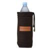 A drink bottle cooler in black fabric with a drawstring closure, featuring a logo patch on the front.