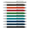 A collection of Lancer metal pens in various colours, featuring silver accents and clips, arranged in a row.