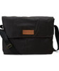 A black laptop bag with a flap, featuring a shoulder strap and a leather label. It has a logo on the front.