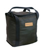 A dark green cooler bag featuring sturdy handles and a logo patch. Ideal for keeping items cool.