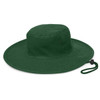 A green wide-brim hat with eyelets and an adjustable strap. Suitable for outdoor activities.