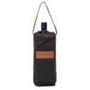 A drink bottle cooler in dark brown fabric with a leather handle and logo. Ideal for holding wine bottles.
