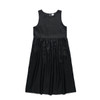 A black linen dress featuring a sleeveless design and gathered skirt. The dress has a simple, elegant silhouette.