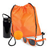A drink bottle, an orange drawstring backpack, a black ball, and a pair of orange sunglasses.