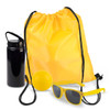 A yellow drawstring bag, a black drink bottle, a yellow bouncy ball, and yellow sunglasses.