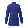 A blue women's lightweight packable insulated puffer jacket with a collar and long sleeves. Features a branding logo.