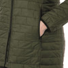A lightweight packable insulated puffer jacket in olive green, featuring a zip-up front and side pockets.