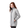 A lightweight, packable insulated puffer jacket in light grey, featuring a zip closure and side pockets.