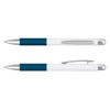 A metal pen with a blue and white design, featuring a silver clip and trim. It has branding on its body.