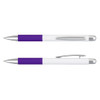 A metal pen with a purple grip and a white barrel, featuring silver accents and a clip.