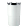 A drink bottle in white with a clear lid and a logo, designed as a vacuum tumbler and cooler.