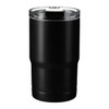A black vacuum tumbler with a clear lid, designed for travel and featuring a logo.
