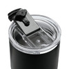 A drink bottle featuring a black exterior, clear lid, and a sliding opening mechanism. It has a logo.