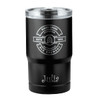 A black vacuum tumbler with a clear lid and a logo. It has a personalised name, "Julia," at the base.