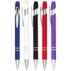A collection of Talara Click Action Ballpoint Pens in blue, white, black, red, and purple with silver accents.