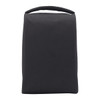 A black travel shoe bag with a handle, featuring a simple design and a logo on the front.