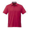 A red short sleeve polo shirt with a collar, featuring a logo on the chest.