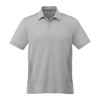 A light grey men's short sleeve performance polo shirt with a logo and textured side panels.