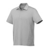 A short sleeve polo shirt in light grey with a subtle patterned design and a logo on the chest.
