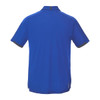 A blue short sleeve polo shirt with a collar and a logo on the back. Designed for performance wear.